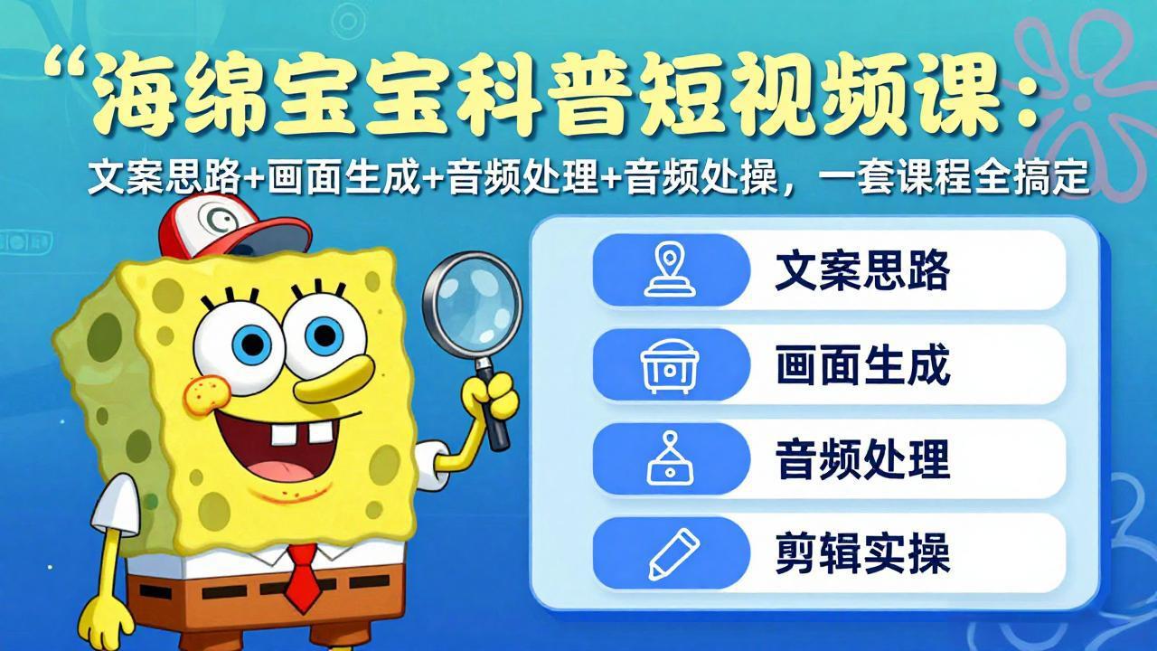 海绵宝宝科普短视频课：文案思路+画面生成+音频处理+剪辑实操，一套课程全搞定-大米网创