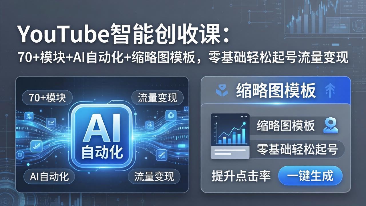 YouTube智能创收课：70+模块+AI自动化+缩略图模板，零基础轻松起号流量变现-大米网创