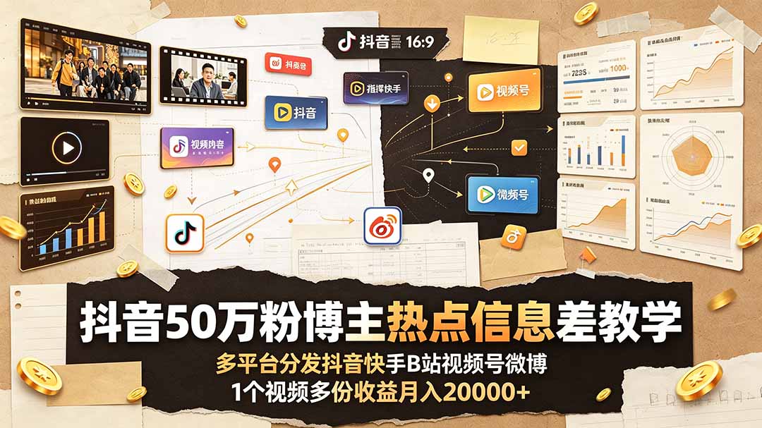 抖音50万粉博主热点信息差教学:多平台分发抖音快手B站视频号微博,1个视频多份收益月入20000+-大米网创