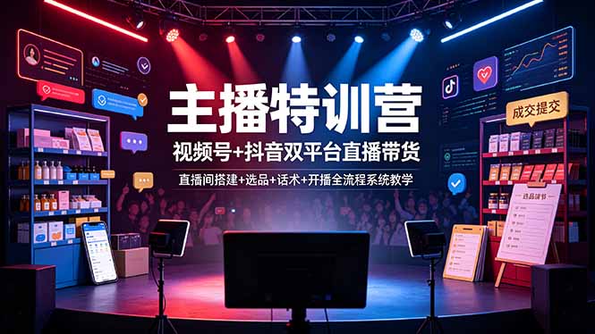 主播特训营：视频号+抖音双平台直播带货，直播间搭建+选品+话术+开播全流程系统教学-大米网创