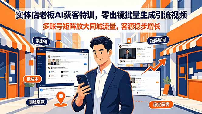 实体店老板AI获客特训，零出镜批量生成引流视频，多账号矩阵放大同城流量，客源稳步增长-大米网创