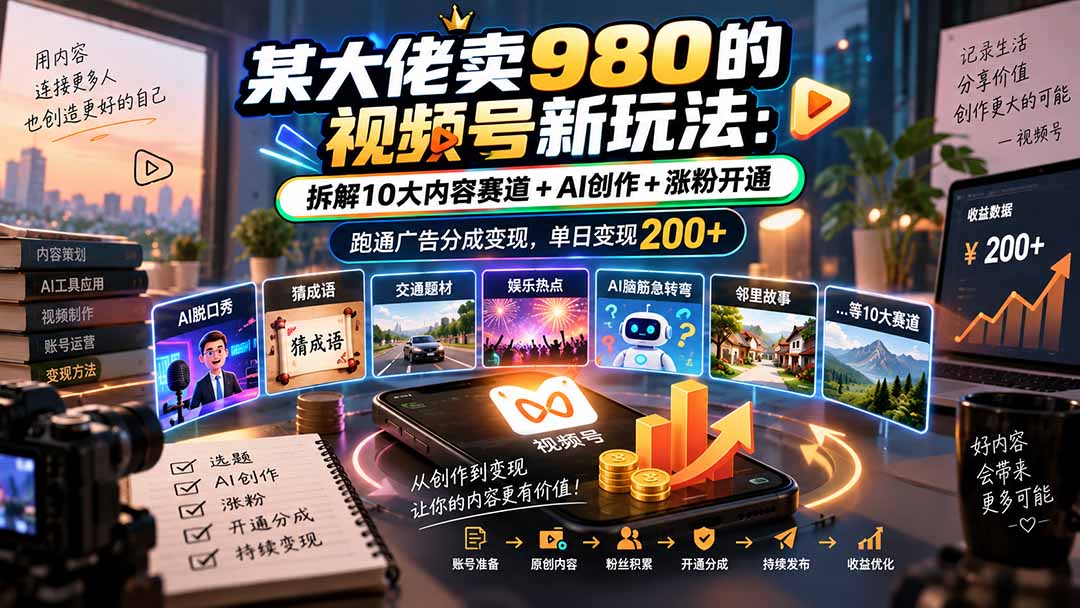 某大佬卖980的视频号新玩法：拆解10大内容赛道+AI创作+涨粉开通，跑通广告分成变现，单日变现200+-大米网创