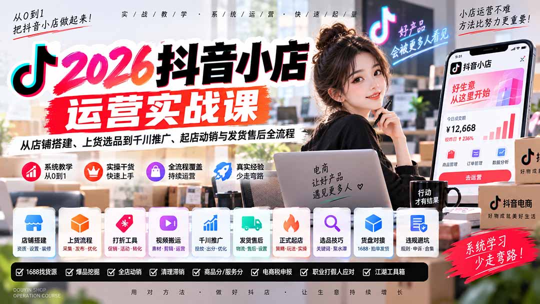2026抖音小店运营实战课｜从店铺搭建、上货选品到千川推广、起店动销与发货售后全流程-大米网创