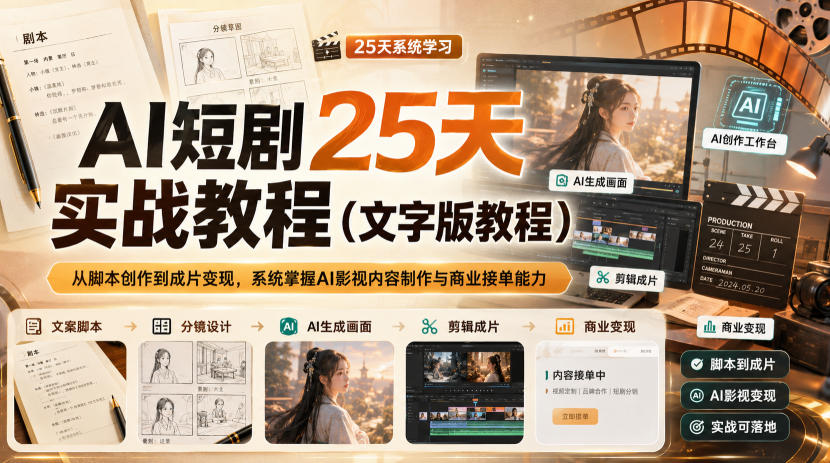 AI短剧25天实战教程（文字版教程），从脚本创作到成片变现，系统掌握AI影视内容制作与商业接单能力-大米网创