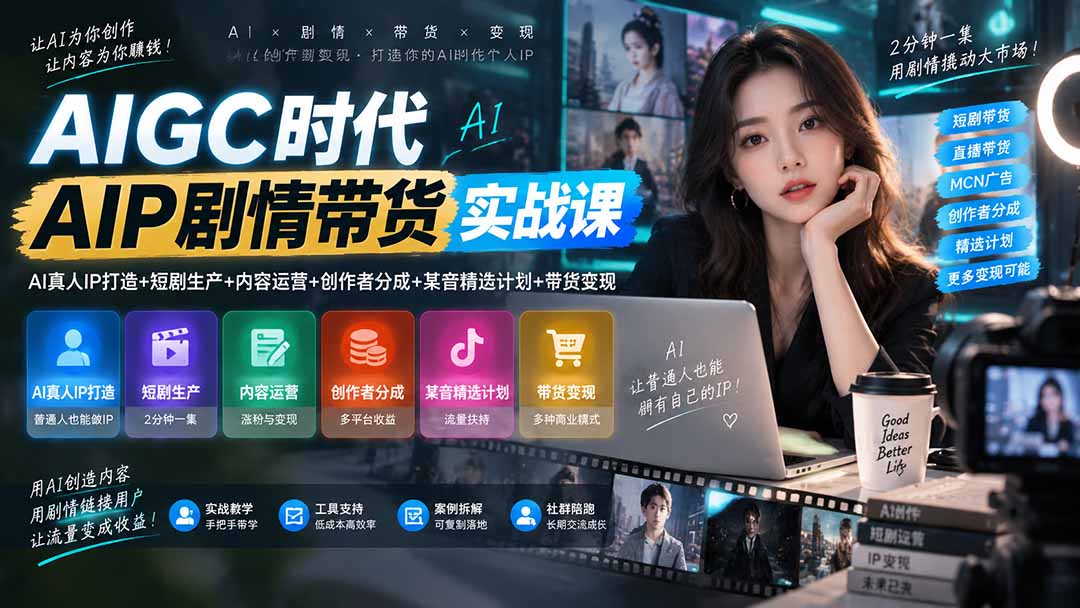 AIGC时代AI剧情带货实战课｜AI真人IP打造+短剧生产+内容运营+创作者分成、某音精选计划+带货变现-大米网创