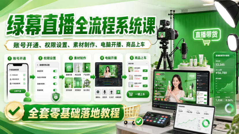 绿幕直播全流程系统课，账号开通、权限设置、素材制作、电脑开播、商品上车全套零基础落地教程-大米网创