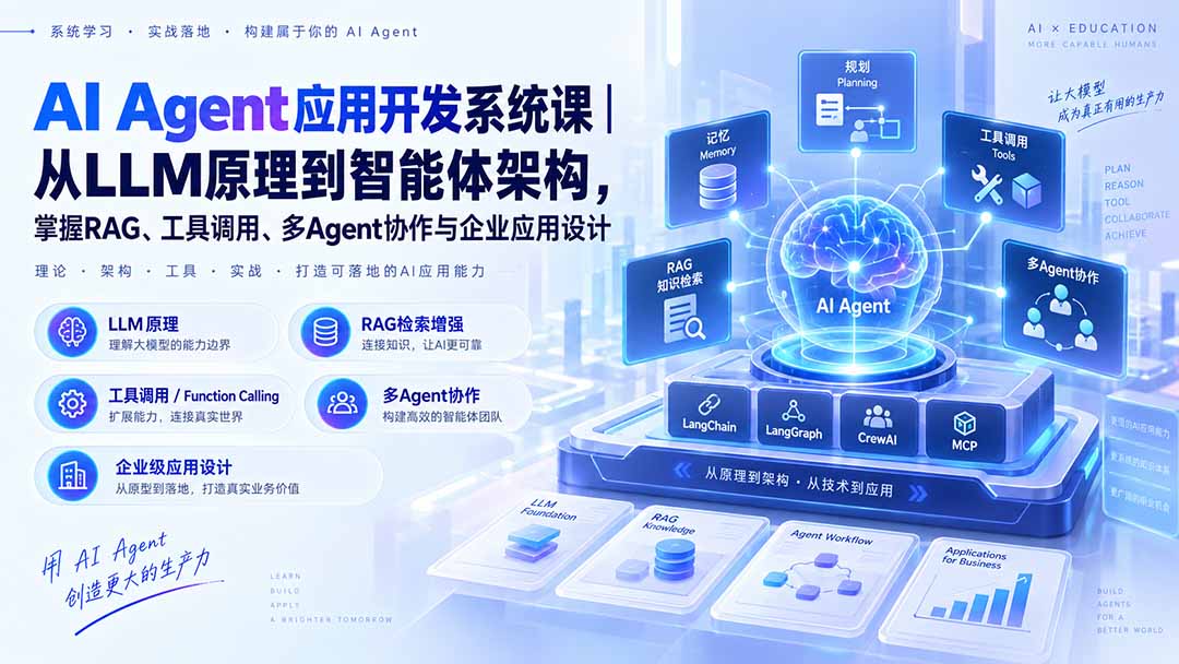 AI Agent应用开发系统课-179节｜从LLM原理到智能体架构，掌握RAG、工具调用、多Agent协作与企业应用设计-大米网创