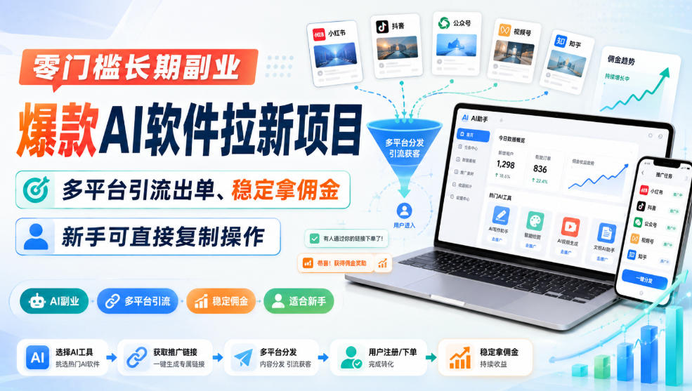 零门槛长期副业，爆款AI软件拉新项目，多平台引流出单、稳定拿佣金，新手可直接复制操作-大米网创